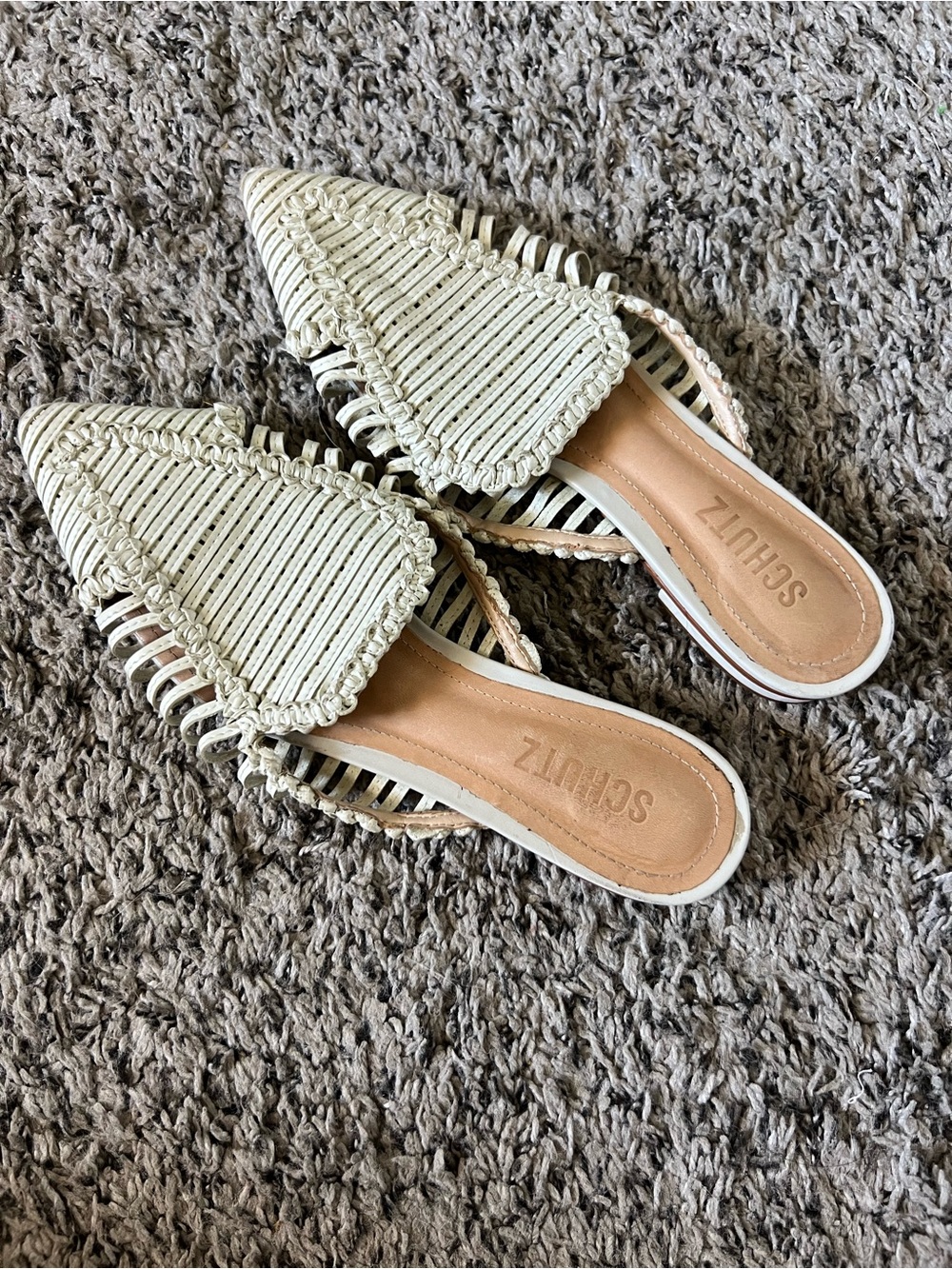 Schutz Cream Woven Pointed-Toe Slide